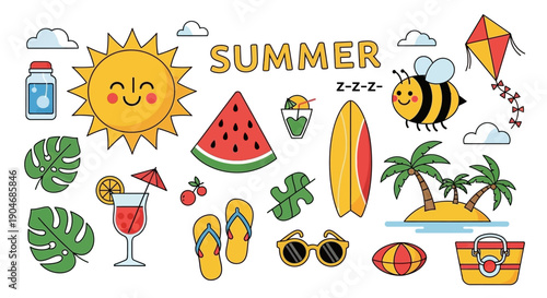 Summer Icons Collection: Sun, Bee, Surfboard, Cocktail, and Beach Elements