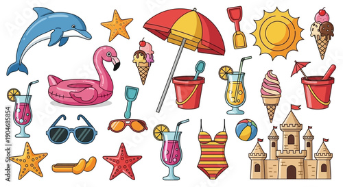 Vibrant Summer Vacation Vector Elements Collection with Beach and Tropical Items