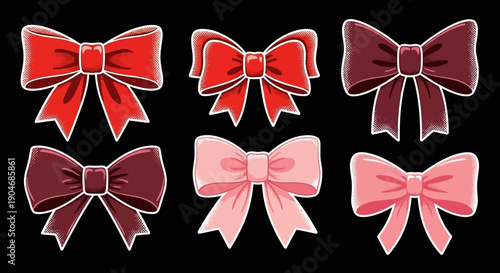 Collection of Six Decorative Bows in Various Shades of Red and Pink, Vector Graphics
