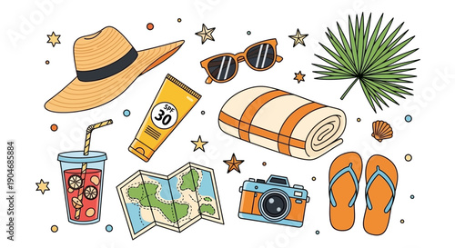 Summer Vacation Essentials Collection: Hat, Sunscreen, Drink, Map, Camera, Towel, Flip-flops