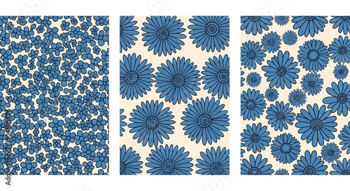 Set of Three Blue Floral Patterns with Cream Background for Textile and Decor
