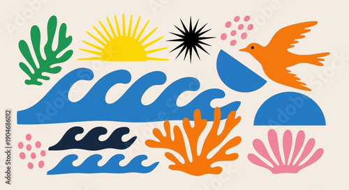 Abstract Tropical Elements in Vibrant Colors with Waves, Sun, and Bird for Summer Design