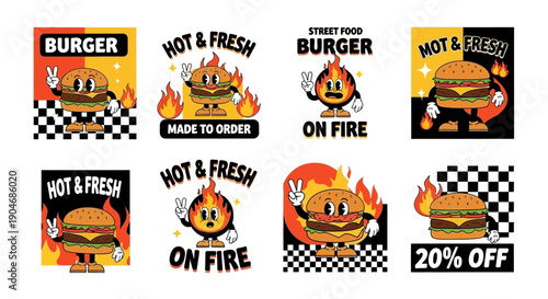 Retro Cartoon Burger Character Set with Flames and Special Offers