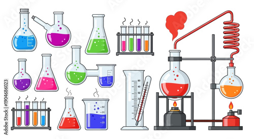 Colorful Vector Laboratory Equipment and Scientific Glassware Set for Experiments