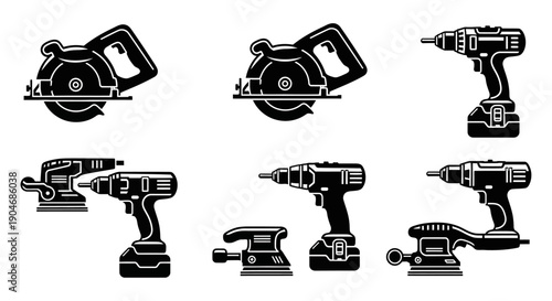 Collection of Black and White Icons Representing Power Tools for Construction and DIY