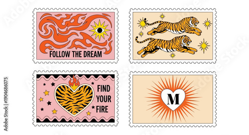 Set of Four Retro Stamps with Stylized Designs and Motivational Slogans