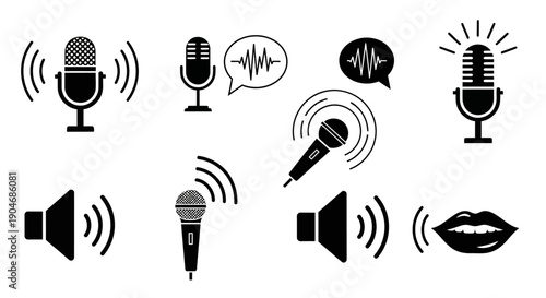 Set of vector icons representing microphones, sound waves, speakers, and mouth for audio and voice