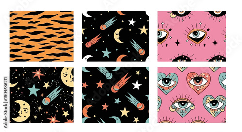Cosmic and Animal Print Patterns Collection - Retro Vector Designs for Diverse Applications
