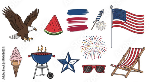 Vibrant Fourth of July Celebration Icons and Graphics for Independence Day