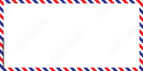 Airmail Envelope frame images with strips. International vintage letter border. Retro air mail postcard with blue and red stripes.  Empty classic postal frame. Vector illustration