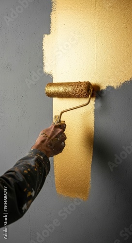 Person painting wall with roller brush.