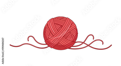 Illustration of a Vibrant Red Ball of Yarn with Loose Strands on a White Background