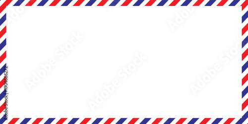 Airmail Envelope frame images with strips. International vintage letter border. Retro air mail postcard with blue and red stripes.  Empty classic postal frame. Vector illustration
