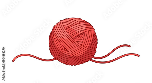 Vibrant Red Yarn Ball with Loose Strands, Artistic Illustration for Craft and Knitting Projects