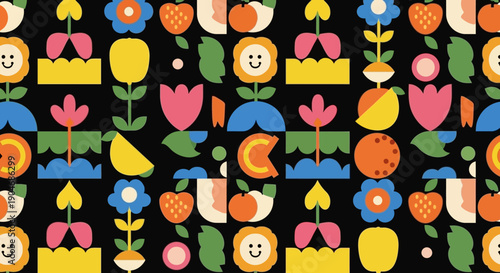 Colorful Geometric Floral Pattern with Fruits and Happy Faces on Black Background