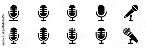 Microphones and speakers set with various designs and styles for audio equipment icons featuring microphone, speaker, black with white and vector elements for design, style projects, clean