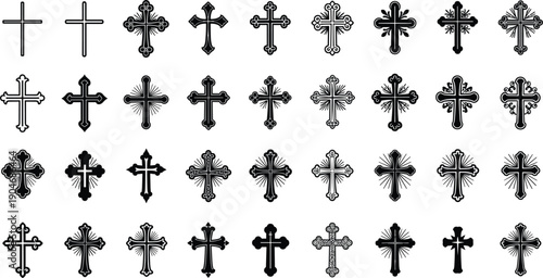 Decorative Cross Vector Icon Set with Ornamental Christian Symbols for Religious Designs, Tattoos, Logos, Prints, and Spiritual Graphic Projects