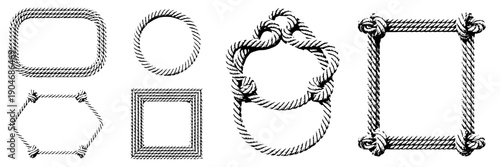 Frames rope set with twisted knots and nautical elements vector illustration featuring borders, decorative, black and white with graphic resources and maritime elements for sea, ocean projects, clean