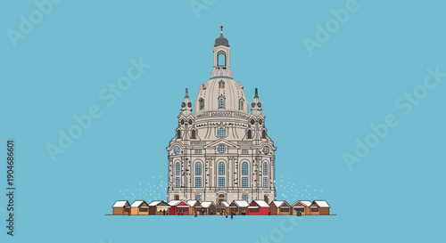 Dresden's historic Frauenkirche church building facade with a Christmas market in front on a bright clear day with light blue sky and scattered snow on the ground