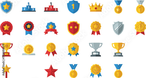 Achievement Awards Icon Set with Trophies, Medals, Badges, Shields, Crowns, Stars, and Prize Symbols for Apps, Games, Rankings, and UI Design
