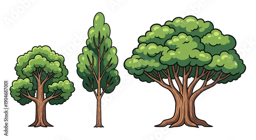 Diverse Collection of Stylized Green Trees in Different Shapes and Sizes