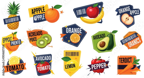 Assorted Fresh Fruit and Vegetable Product Labels with Barcodes and Text