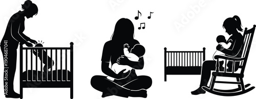 Tender moments of motherhood with baby in crib and rocking chair