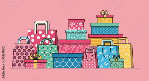 Colorful Gift Bags and Boxes Assortment on Pink Background, Celebration and Shopping Concept