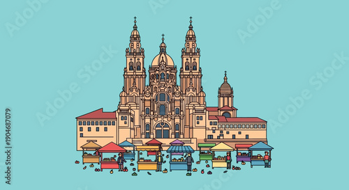 Discover the Majestic Santiago de Compostela Cathedral, a UNESCO World Heritage Site, a Pilgrimage Destination with Bustling Market Stalls in the Foreground, an Iconic Architectural Marvel