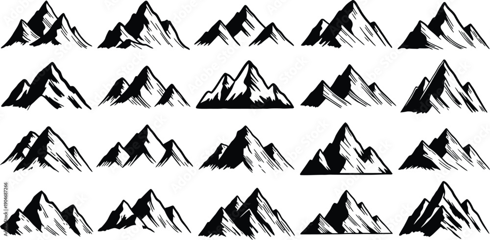 Fototapeta premium Drawn Mountain Peaks Vector Set with Textured Shading