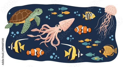 Charming Underwater Scene with Diverse Marine Life and Playful Bubbles