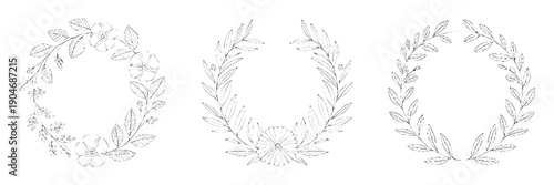 Wreath floral line art set with three delicate botanical frames, hand sketched leaves and wildflowers, minimal black outline for wedding invites, logo, branding and decor
