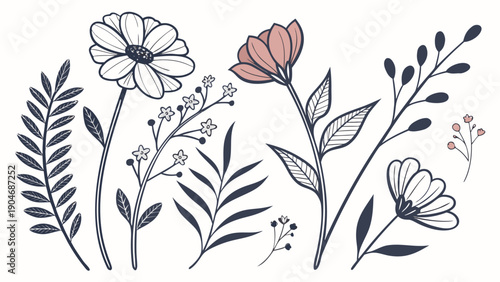 Elegant hand drawn floral sketch with delicate flowers and botanical leaves on white background