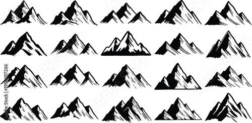 Drawn Mountain Peaks Vector Set with Textured Shading