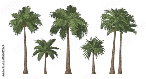 Vibrant Tropical Palm Trees Vector Illustration Set for Summer and Beach Designs