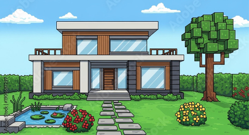 Modern House Exterior with Lush Green Garden and Pond.