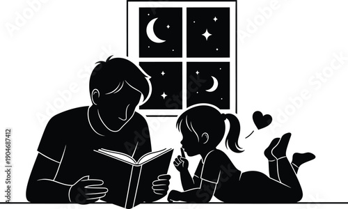 Father reading bedtime story to little girl by moonlight window
