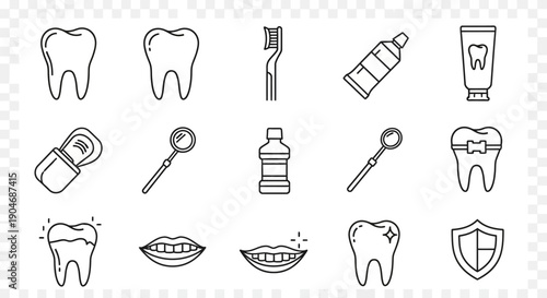 A collection of black and white line art icons depicting various dental care tools, healthy teeth, and oral hygiene products.