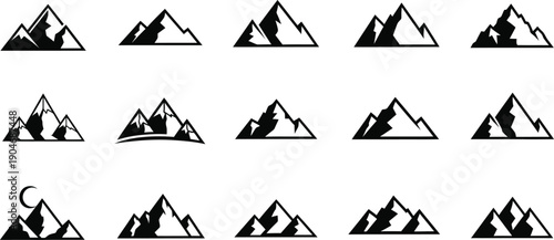 Simple Black Mountain Icons for Outdoor Adventure