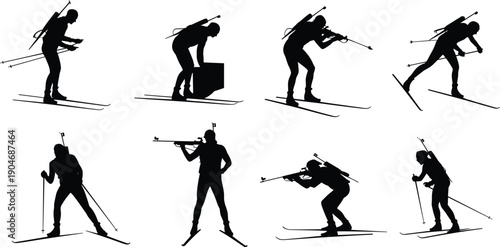 Biathlon Skier Silhouette Collection Isolated on White Background, Winter Sport Athlete Shooting Rifle and Cross Country Skiing Poses