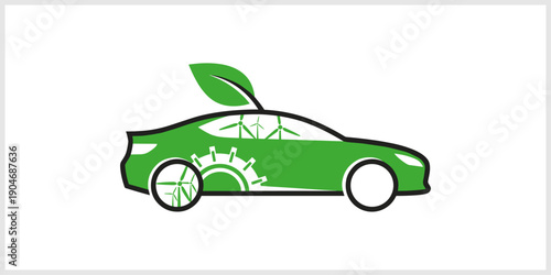 Green Car with Wind Turbines and Leaf - Eco-Friendly Transportation Concept.