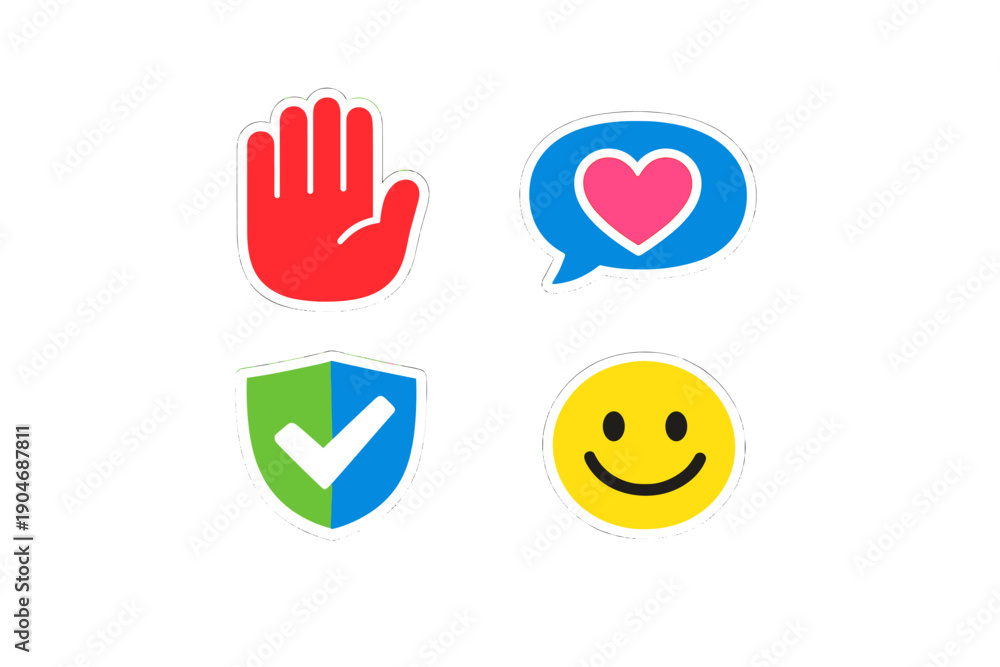 Obraz premium Stickers showing symbols of caution, communication, security, and happiness on a simple background