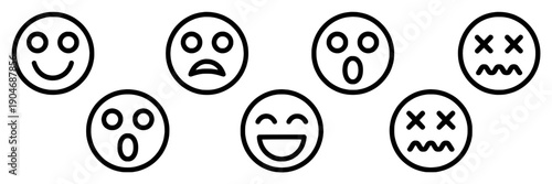 Emoticon faces line icon set with happy smile, sad frown, shocked open mouth, laughing grin and dizzy dead eyes for UI feedback, chat reactions, and mood symbols