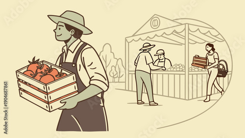 Farmer carrying a crate of fresh tomatoes to a local outdoor farmers market stall.