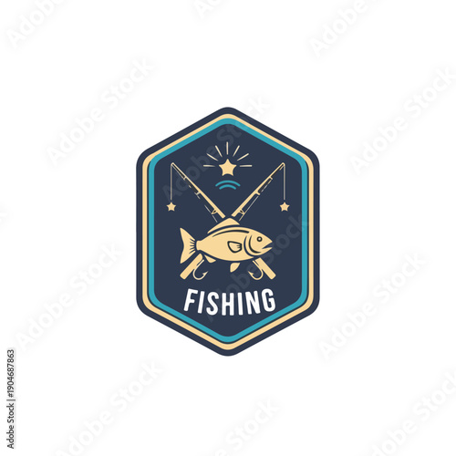 Graphic logo featuring a stylized fish with crossed fishing rods and the word 'FISHING' on a dark blue background with yellow accents.
