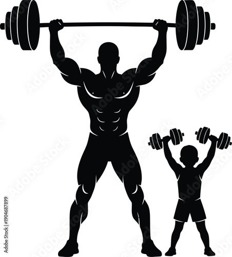 Muscular bodybuilder silhouette with barbell, father and son weightlifting together, fitness family gym workout vector illustration