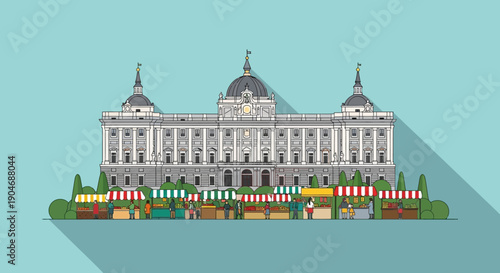 A vibrant illustration of a bustling marketplace set against the backdrop of a grand, neoclassical government building with domed roofs, under a clear blue sky