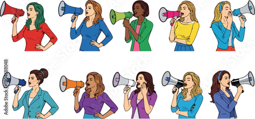 Women with Megaphone Illustration Set, Female Protest and Announcement Concept, Flat Vector Characters Isolated