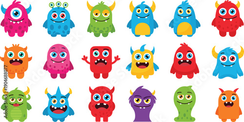 Cute Cartoon Monster Vector Character Set with Colorful Funny Creatures for Kids Games, Stickers, Learning Apps, Storybooks, and Creative Designs