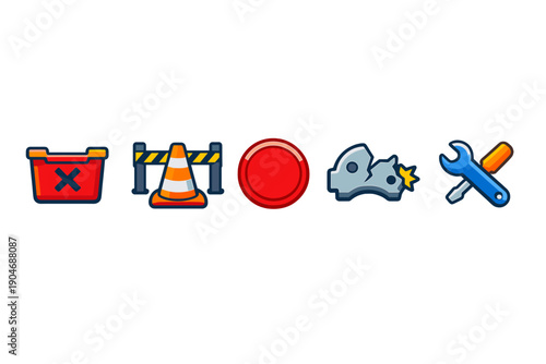 Construction signs and tools are shown to represent work being done on roadways and repair activities in a city during daytime hours